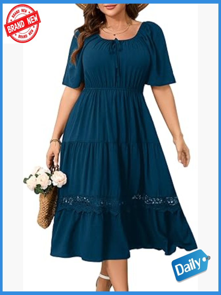 Plus Size Maxi Dress Flowy A-Line Square Neck Ruffle Sleeve Wedding Guest